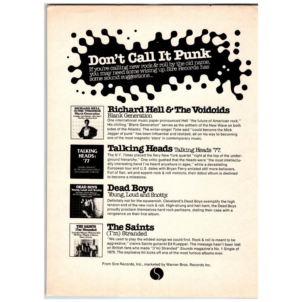 1977 Sire Records Punk New Wave Promo Flyer Richard Hell Talking Heads Dead Boys